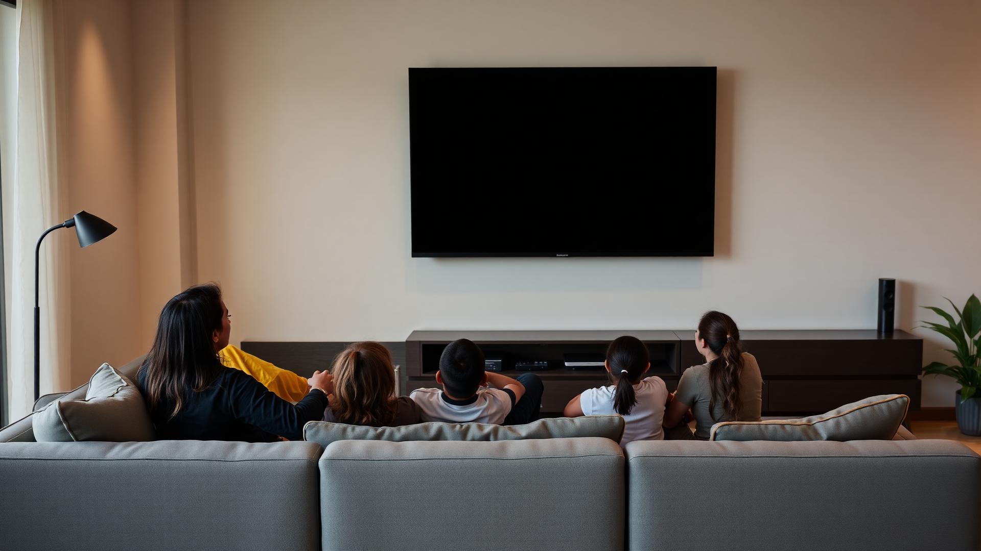 Família assistindo TV instalada em suporte AMFER